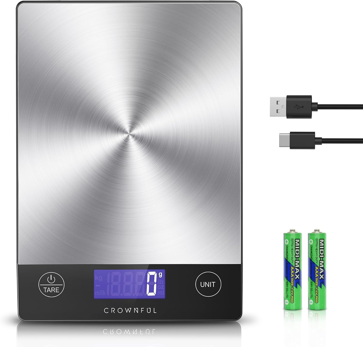 Food Scale, 33lb Rechargeable 304 Stainless Steel Digital Kitchen Scale Weight Grams and Ounces with LCD Display and Type-C Charging for Meal Prep, Baking and Cooking